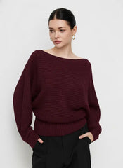 Knit Boat Neck Long Sleeve Cinched Waist Oversized Top