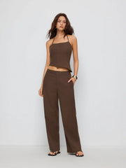 Linen-blend Halter Neckline Asymmetrical Top & Low Rise Straight Leg Trousers Set