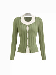 Knit Two Tone Halter Neckline Button Cut Out Cardigan