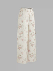 Cotton-blend Mid Rise Floral Cargo Wide Leg Pants