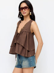 Cotton-blend Ruffled Studded Lace Trim Tie Front Tank Top