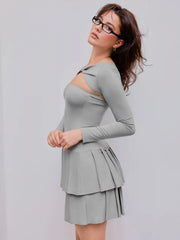 Off-shoulder Pleated Cut Out Mini Dress