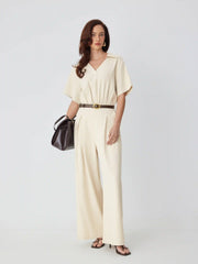 Collar Ruched Pleated High Rise Wide Leg Jumpsuit With Belt