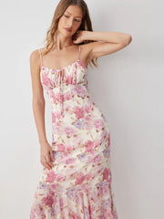 Floral Mid Rise Drawstring Cami Maxi Dress