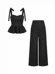 Linen-blend Sweetheart Bowknot Ruffled Tank Top & Mid Rise Wide Leg Trousers Set