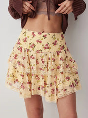 Chiffon Mid Rise Floral Tiered Mini Skirt