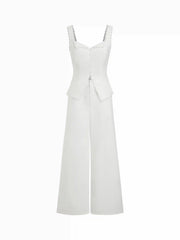 Linen-blend Lace Panel Mid Rise Wide Leg Jumpsuit
