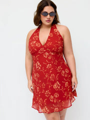 Chiffon Floral Halter Neckline A-line Midi Dress Curve & Plus