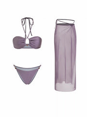 Halter Neckline O-Ring Tube Top & Low Rise Bikini Bottom With Sheer Maxi Skirt Bikini Swimsuit