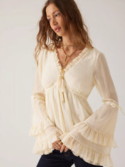 Chiffon V-Neck Knotted Ruffled Bell Sleeve Blouse