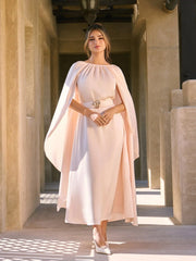 Satin Cape Sleeve Belted Maxi Dress With Metal Detail