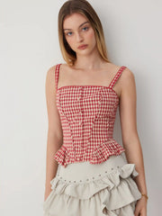 Cotton Gingham Ruched Peplum Crop Cami Top