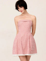 Cotton-blend Gingham Bandeau Bowknot Lace Trim A-line Mini Dress
