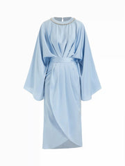 Satin Batwing Sleeve Asymmetrical Hem Rhinestone Maxi Dress