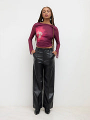 Faux Leather Solid High Waist Wide Leg Trousers
