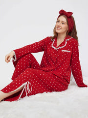 Cotton-blend Polka Dot Lace Trim Top & High Rise Bowknot Wide Leg Trousers Loungewear Set