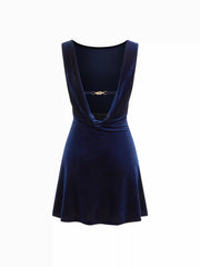 Velvet Boat Neck Ruched Backless Metal Detail Mini Dress