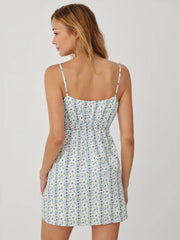 Cotton-blend Floral Stripe Scoop Neck Ruched A-line Mini Dress