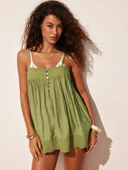 Pleated Button-Up Lace Trim Top