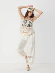 Cotton-blend Lace Bowknot Ruffle Sheer Oversized Crop Cami Top