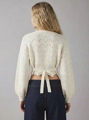 Wool-blend Knit Eyelet Bowknot Tie Cardigan