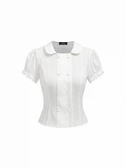 Cotton-blend Textured Puff Sleeve Ruffled Short Sleeve Blouse