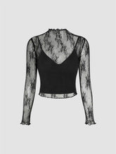 High Neck Lace Floral Blouse & Solid Crop Cami Top Set