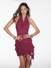 Shimmer Cowl Neck Asymmetrical Ruffle Hem Mini Dress