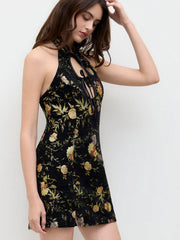 Jacquard Halter Neckline Floral Cut Out Tie Front Mini Dress