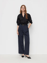 Mid Rise Striped Pleated Straight Leg Trousers With Belt