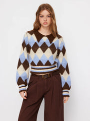 Argyle Pattern Wool-blend Collar Long Sleeve Top