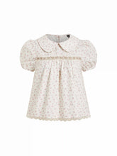 Cotton-blend Floral Peter Pan Collar Puff Sleeve Lace Insert Babydoll Blouse