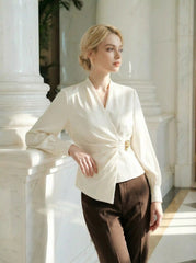Satin V-neck Long Sleeve Wrap Ruched Metal Detail Blouse