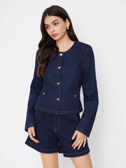 Denim Round Neckline Tie Back Cinched Waist Metal Button Jacket