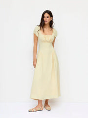Textured Square Neck Puff Sleeve Ruched Flared Maxi Dress