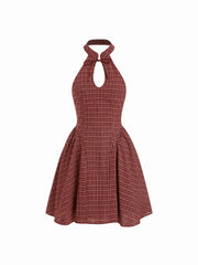 Cotton Plaid Halter Neckline Cut Out Bowknot Flared Mini Dress