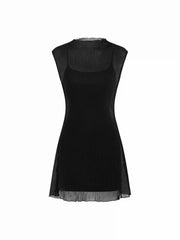 High Stretch Stand Collar Ruffled Texture A-line Mini Dress & Cami Mini Dress Set