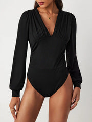 Jersey V-neck Solid Ruched Bodysuit