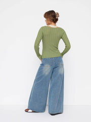 Knit Two Tone Halter Neckline Button Cut Out Cardigan