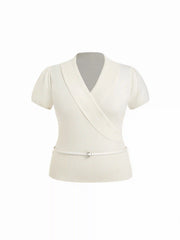 Knit V-neck Wrap Short Sleeve Top With Belt Curve & Plus