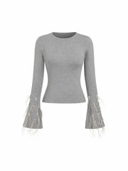 Knit Round Neck Rhinestone Fringed Bell Sleeve Top