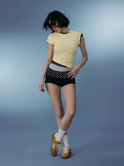Cotton-blend Low Rise Polka Dot Color-Blocking Micro Shorts