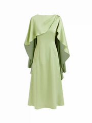 Satin Boat Neck Metal Detail Ruffle Maxi Dress