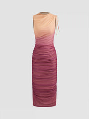 Mesh Round Neckline Gradient Ruched Drawstring Maxi Dress
