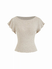 Knit Linen-blend Ruffle Sleeve Lettuce Trim Oversized Top