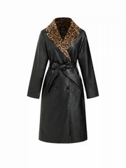 Faux Leather Leopard Faux Fur Trim Double Breasted Coat With Belt