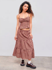 Woven High Rise Gingham Tiered Midi Skirt