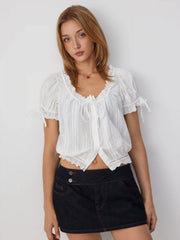 Cotton-blend Square Neck Puff Sleeve Lace Panel Blouse