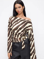 Boat Neck Zebra Striped Belted Bell Sleeve Top