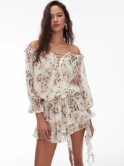 Chiffon Animal Print Off Shoulder Ruffled Tiered Mini Dress